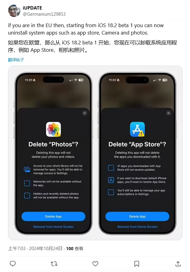 小金苹果手机维修分享iOS 18.2 支持删除 App Store 应用商店 